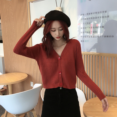 Korean version loose and versatile V-neck knitted cardigan autumn sweater with temperament long sleeves high waist short small coat trendy
