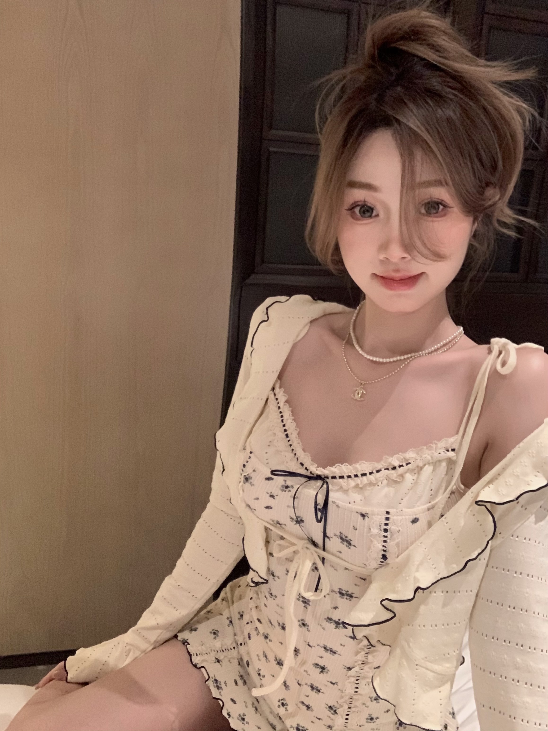 Cream Blueberry Ruth Wind French Cotton Knitting Lace Ribbon Floral Suspender Dress + Ruffle Cardigan