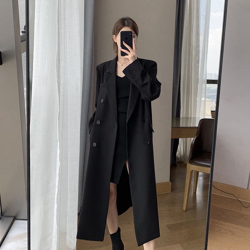 Black windbreaker women's 2023 autumn and winter new high-end temperament all-match slim mid-length coat trendy