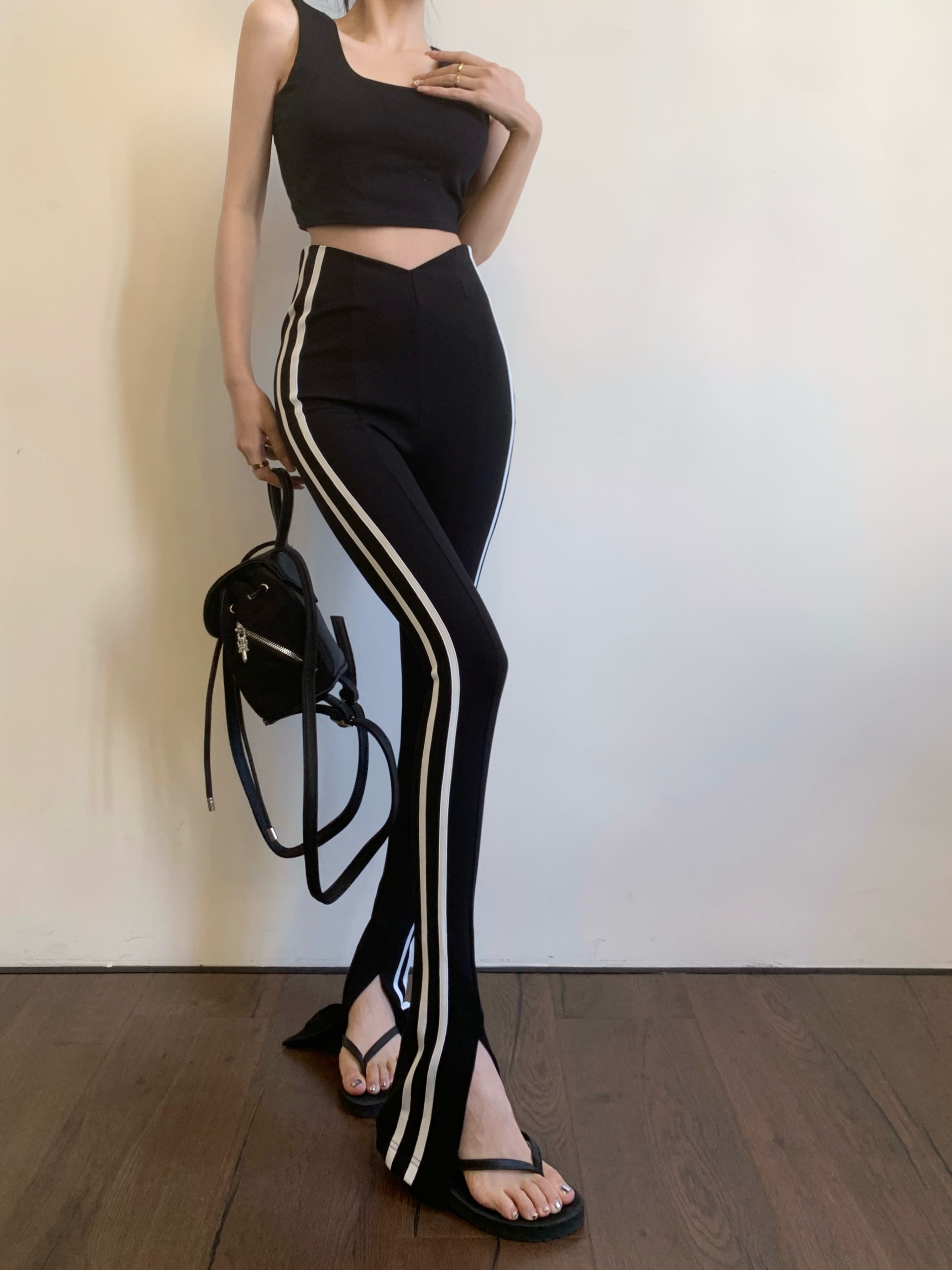 ~Hot Girl High Waist Tight Slim Slit Pants Female Black and White Contrasting Color Sports Casual Mopping Pants