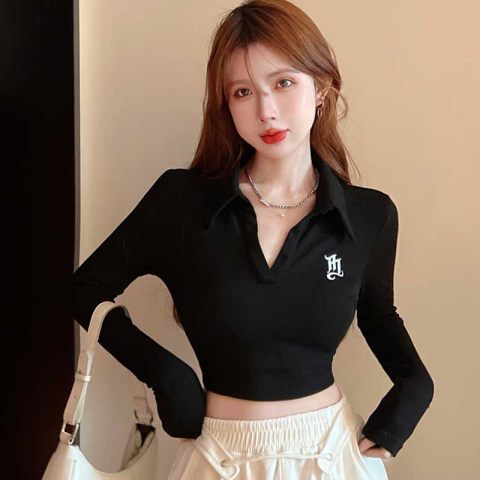 Official picture ice silk thread Polo collar black autumn and winter bottoming shirt women's inner wear