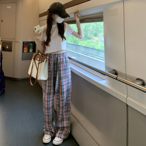 326# Plaid Casual Pants Women's Summer New High Waist Drape Loose Versatile Chic Style Straight Mopping Pants