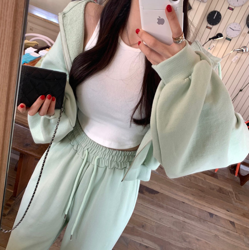 Original solid color zipper hoodie casual pants suit women two pieces