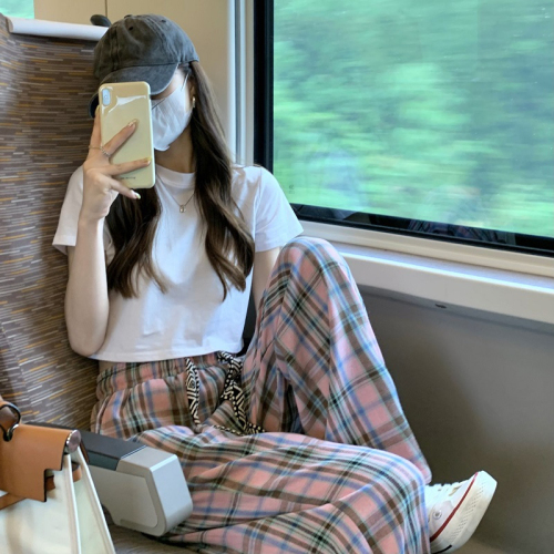 326# Plaid Casual Pants Women's Summer New High Waist Drape Loose Versatile Chic Style Straight Mopping Pants