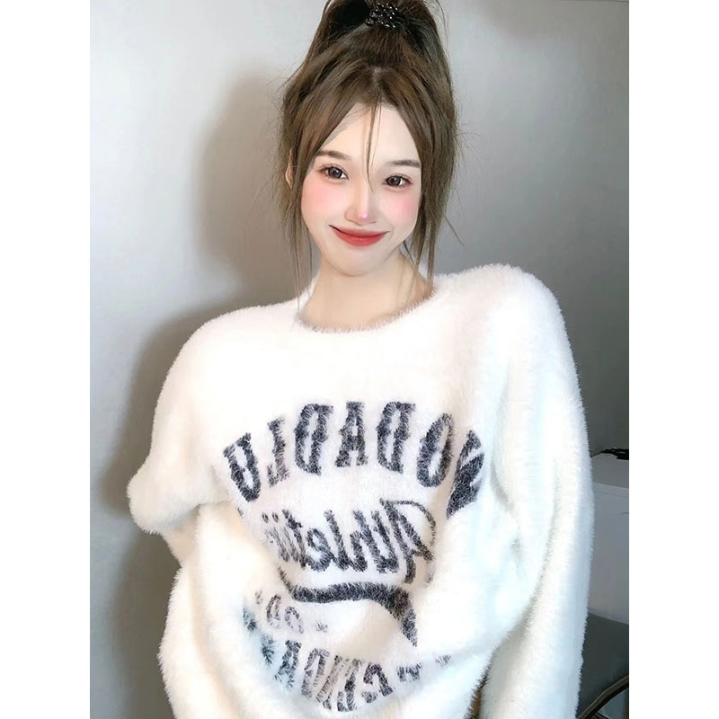 Imitation mink# Knitted sweater top women's autumn new Korean version of the gentle wind round neck high-end sense super good-looking sweater women's tide