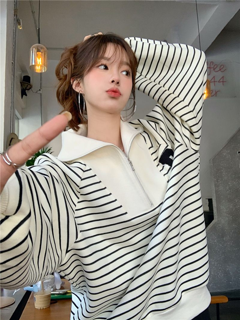 Official image Half zipper striped v-neck all-match casual sweater women's design sense niche loose small long-sleeved top