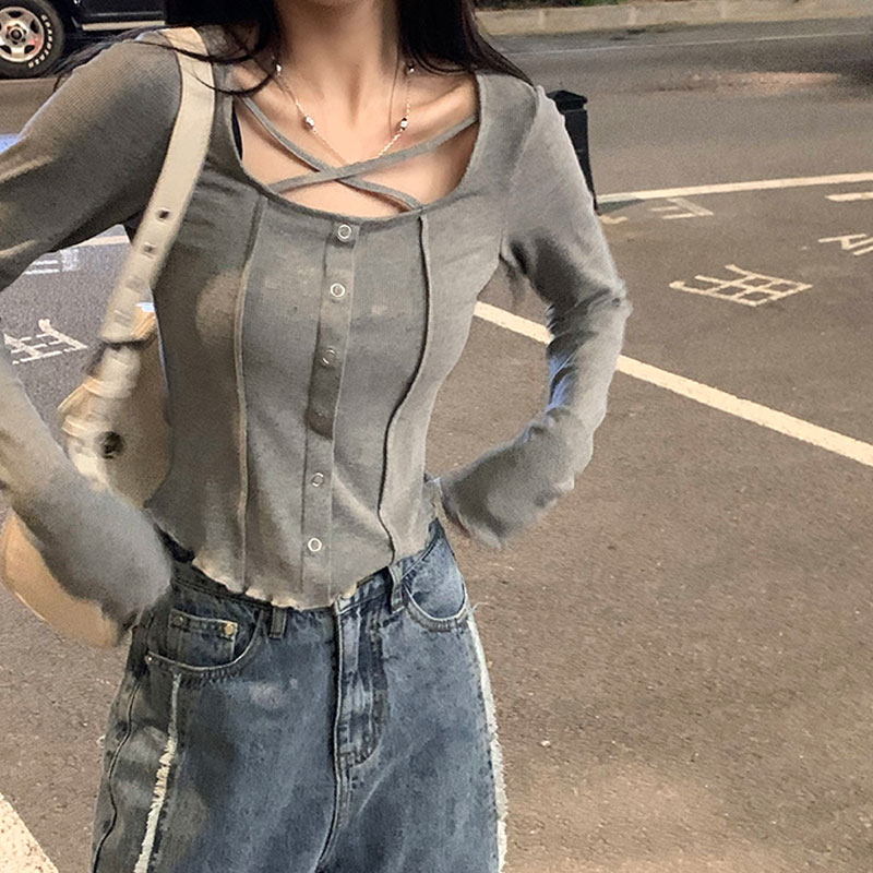 Chic Design Cross Fishbone Spice Girl Scheming Clavicle Thin Short Top Women's Slim Sweet and Spicy Long-sleeved T-Shirt