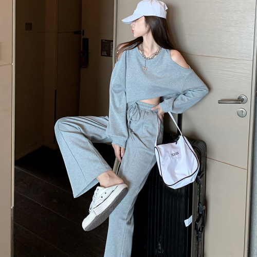 Rice fabric autumn and winter long-sleeved strapless top high waist wide-leg pants casual sports two-piece suit for women