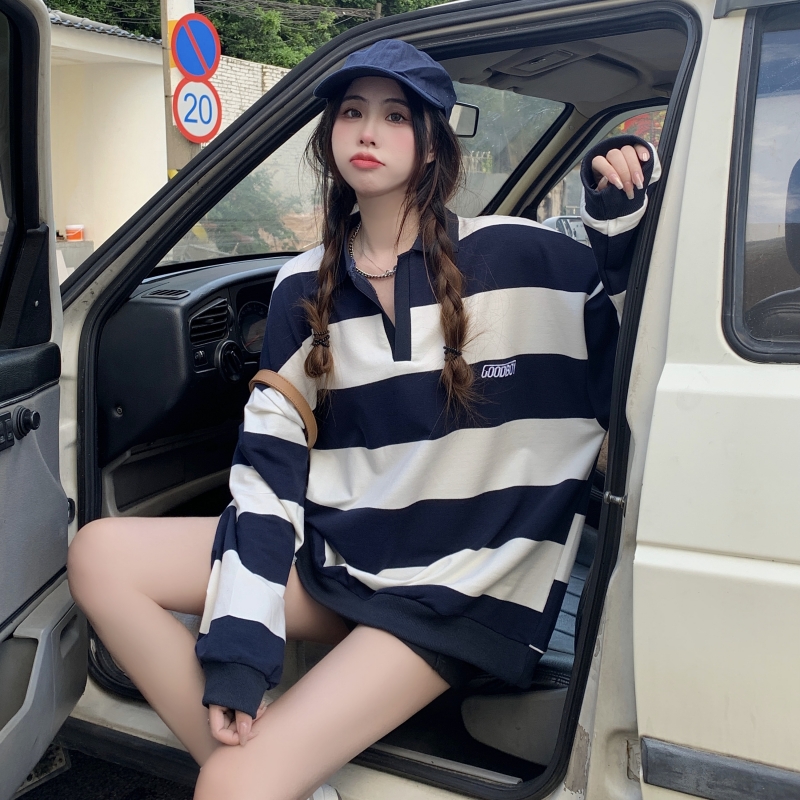 260g twill autumn Korean style retro striped embroidered letters polo collar sweatshirt