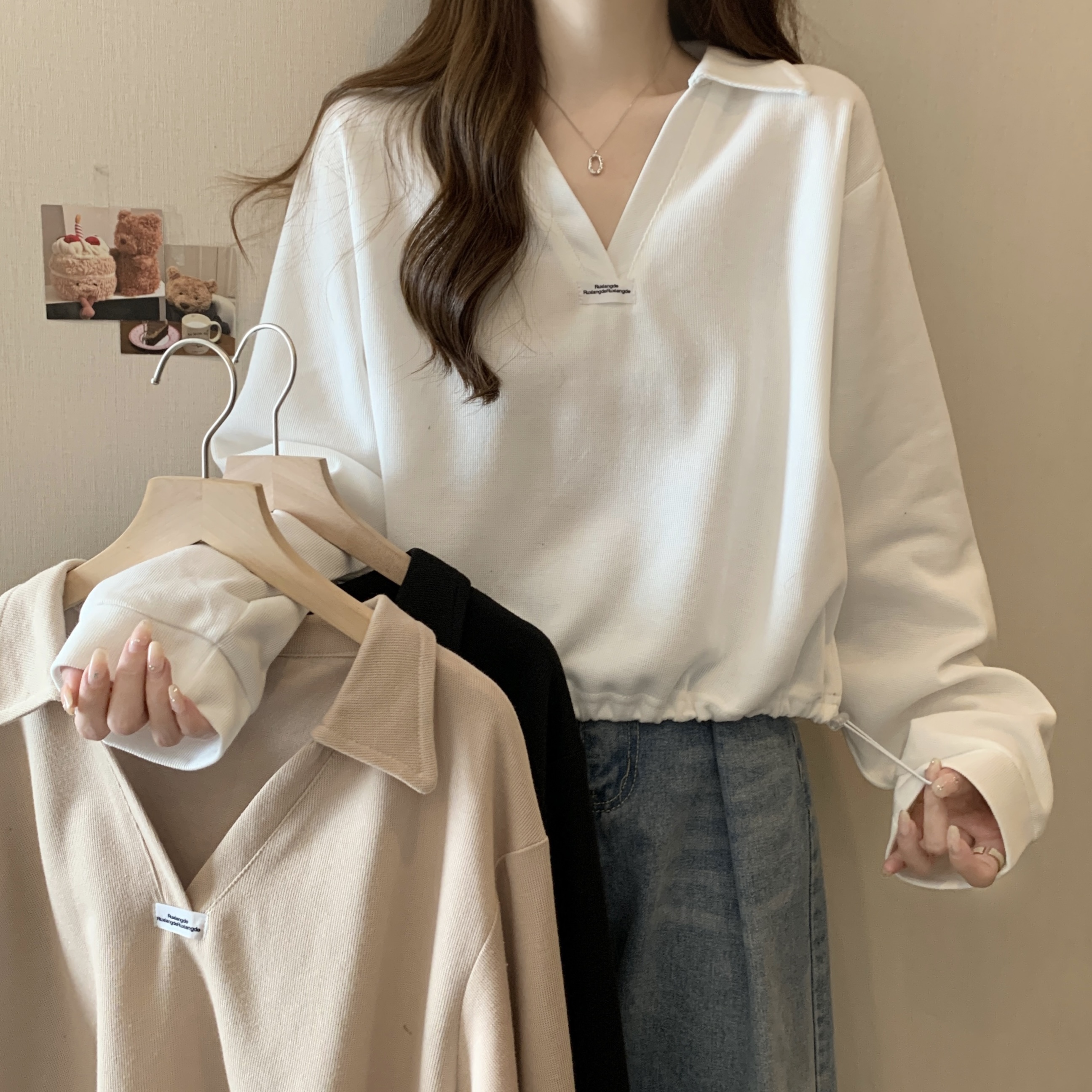 POLO collar sweater short long-sleeved T-shirt women's autumn 2023 new top POLO shirt