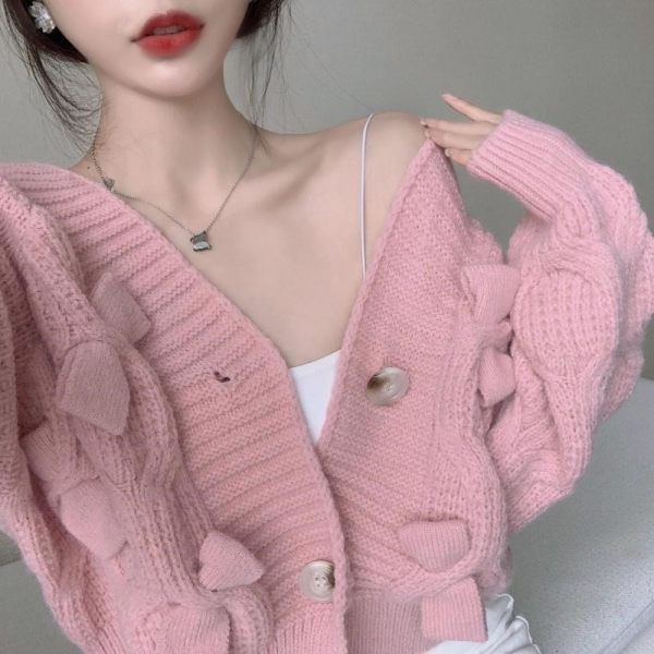 Knitwear women's bowknot short section loose outerwear pink sweater top spring and autumn 2023 new cardigan jacket