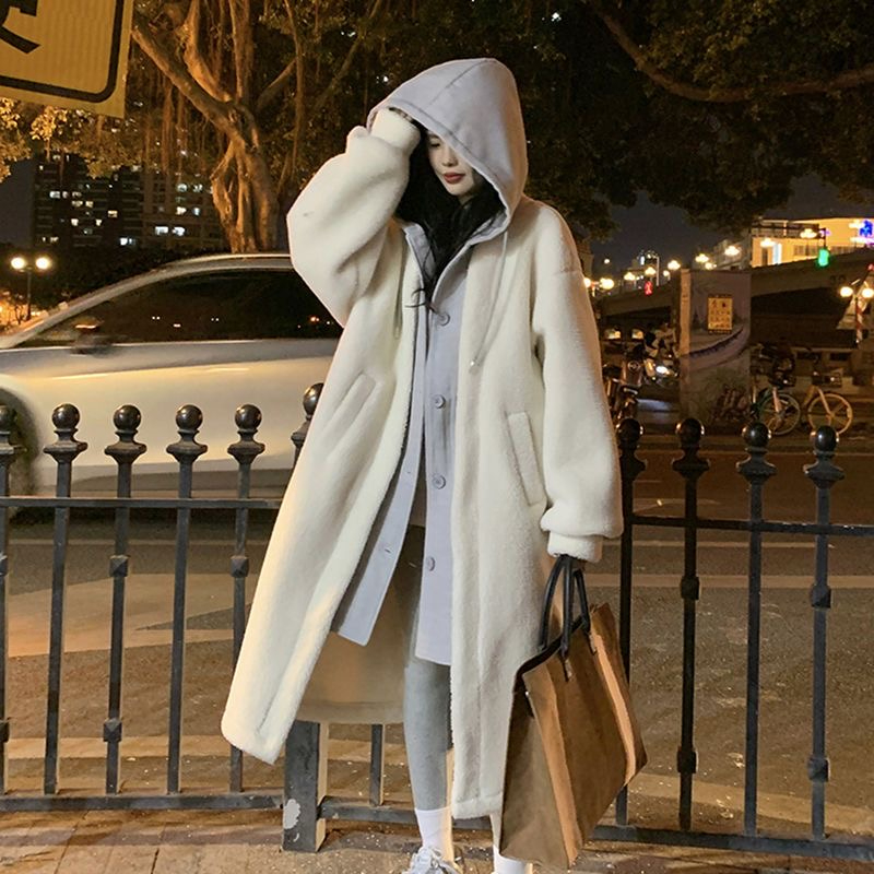 Korean chic autumn and winter new long hooded skirt jacket sherpa versatile loose fashion jacket ins trend