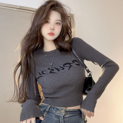 Official Picture Retro Short Round Neck Pullover Knitted Sweater Bottom Autumn and Winter Long Sleeve Slim Top Women