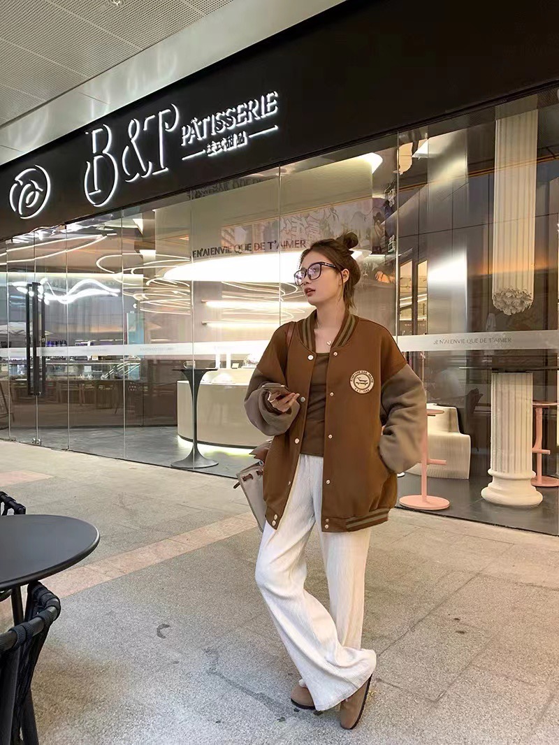 American retro baseball jacket female winter#loose couple jacket
