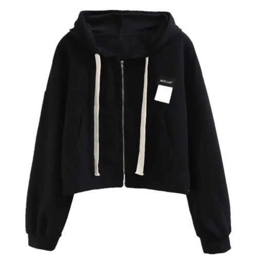  autumn new waffle black sweater jacket women's loose thin section hooded zipper short cardigan ins