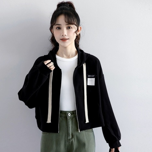 2023 autumn new waffle black sweater jacket women's loose thin section hooded zipper short cardigan ins