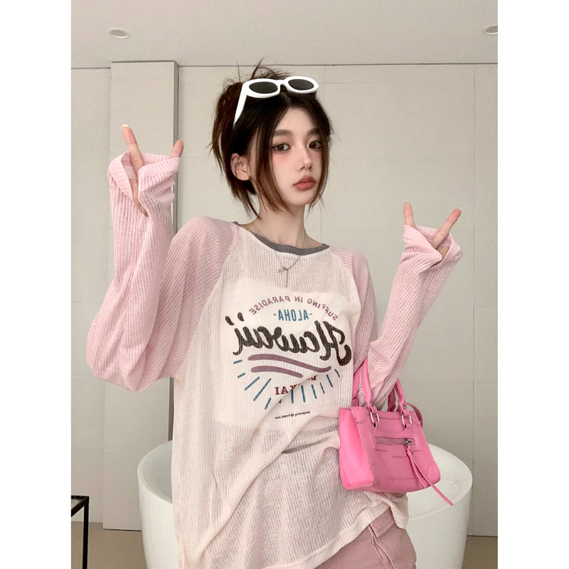 Raglan sleeves long-sleeved sunscreen T-shirt women's summer new Korean letter printing contrast color mid-length versatile top trend