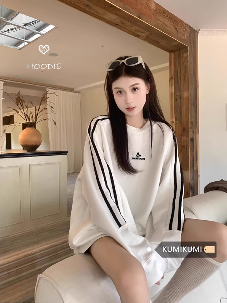 Cotton milk silk + double cap back collar + embroidered letters long-sleeved striped sweater women's early autumn