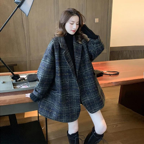Plaid woolen coat women's mid-length 2023 autumn and winter new Korean version popular loose woolen coat suit jacket