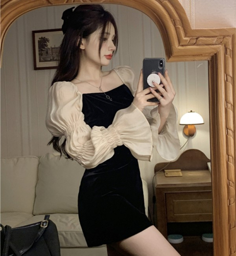 French style lady's tube top little black dress, women's light luxury puff sleeves dress, sweet and spicy sexy slimming dress