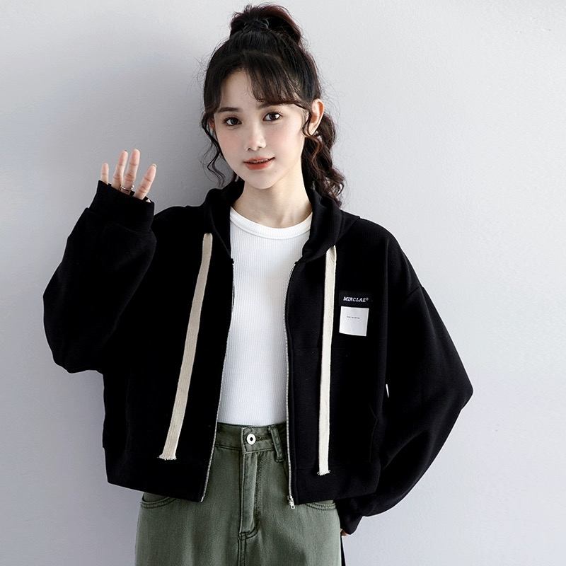 2023 autumn new waffle black sweater jacket women's loose thin section hooded zipper short cardigan ins