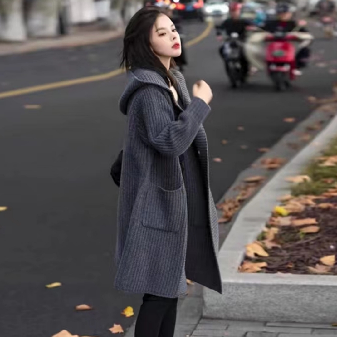 2023 autumn new Korean version large size single-breasted hooded knitted sweater jacket slim mid-length cardigan