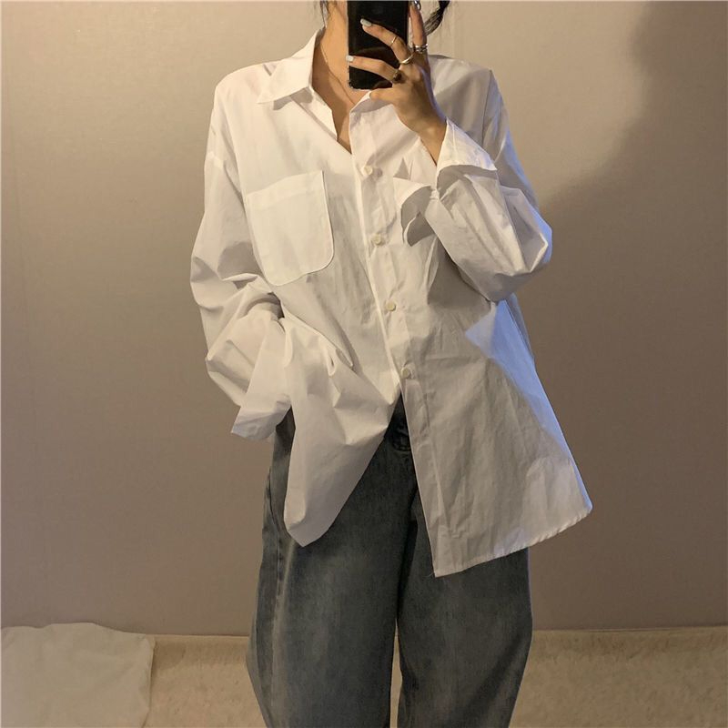 Shirt Jacket Women's Spring and Autumn Long Sleeve Shirt 2023 New White Loose Korean Style Versatile Casual Outer Top
