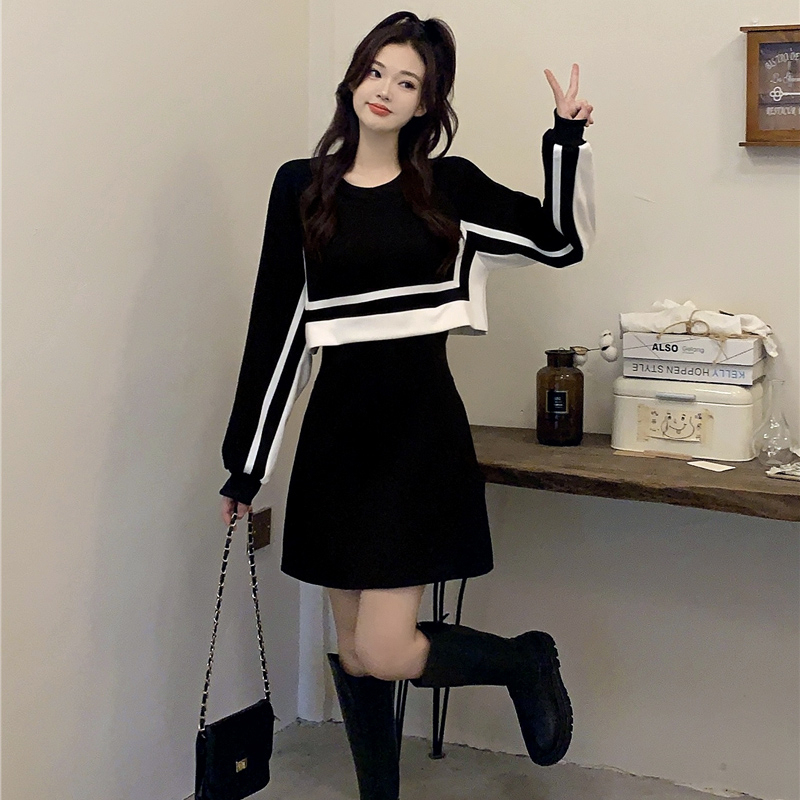 Autumn and winter new skirt plus size women's clothing contrast color stitching mid-length fake two-piece dress for women