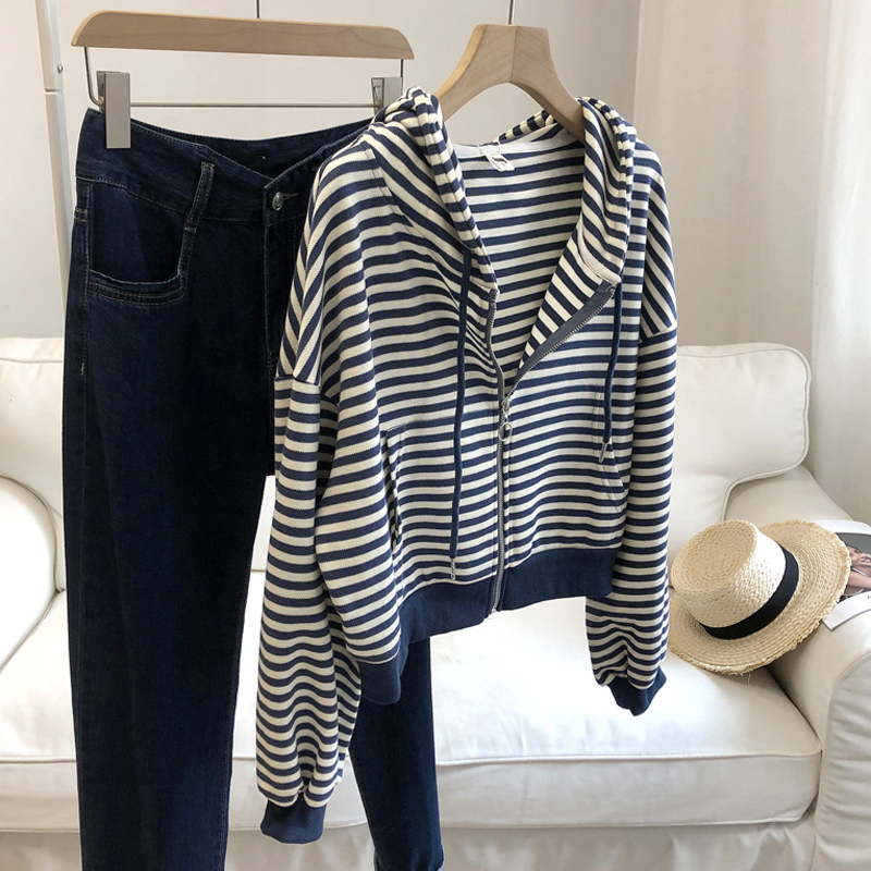 2023# New Thin Sweatshirt Women's Hooded Cardigan Zipper Stripes
