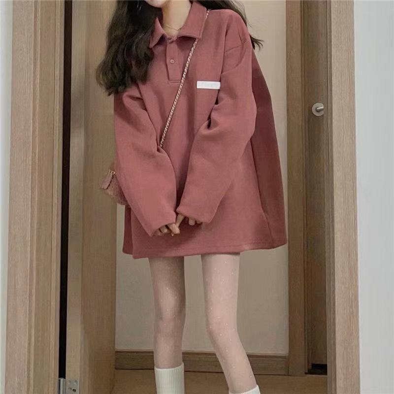 6535 Fish Scale Back Wrap Collar Pink POLO Collar Sweater Long Sleeve Couple Loose Mid-length Versatile Top Women