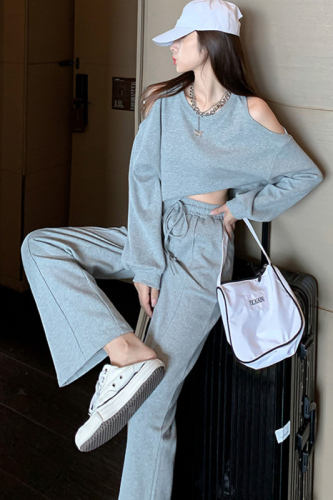 Rice fabric autumn and winter long-sleeved strapless top high waist wide-leg pants casual sports two-piece suit for women