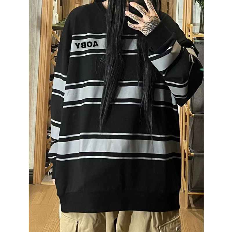 Guochao brand American retro hiphop striped long-sleeved sweater women's spring and autumn thin section loose bf lazy wind top