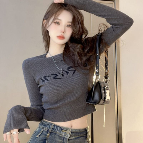 Official Picture Retro Short Round Neck Pullover Knitted Sweater Bottom Autumn and Winter Long Sleeve Slim Top Women