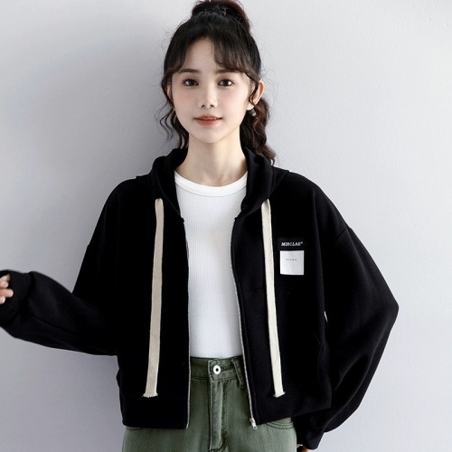 2023 autumn new waffle black sweater jacket women's loose thin section hooded zipper short cardigan ins