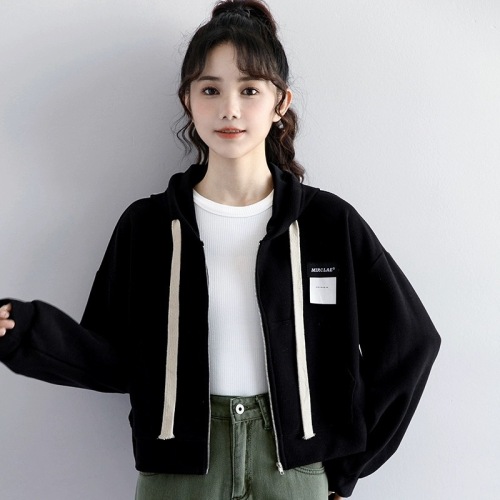  autumn new waffle black sweater jacket women's loose thin section hooded zipper short cardigan ins