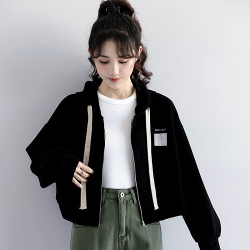 2023 autumn new waffle black sweater jacket women's loose thin section hooded zipper short cardigan ins