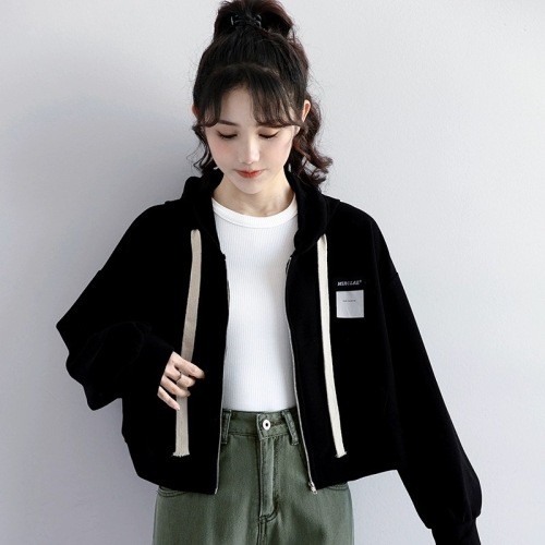  autumn new waffle black sweater jacket women's loose thin section hooded zipper short cardigan ins