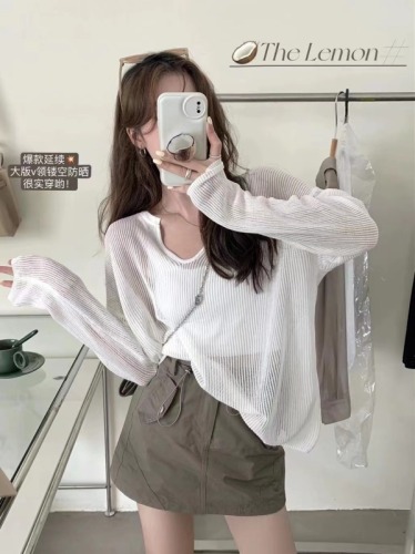 Korean version hollow sunscreen knitted sweater women's thin section blouse  summer new top loose lazy style