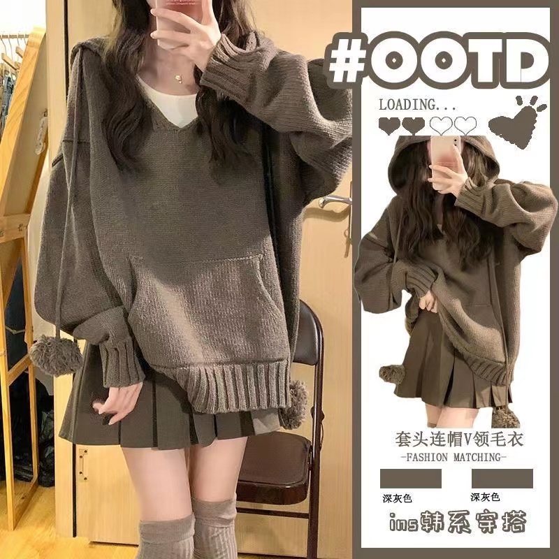 Tea wear suit autumn and winter small man milk waxy lazy wind loose hooded sweater pleated skirt Korean drama set