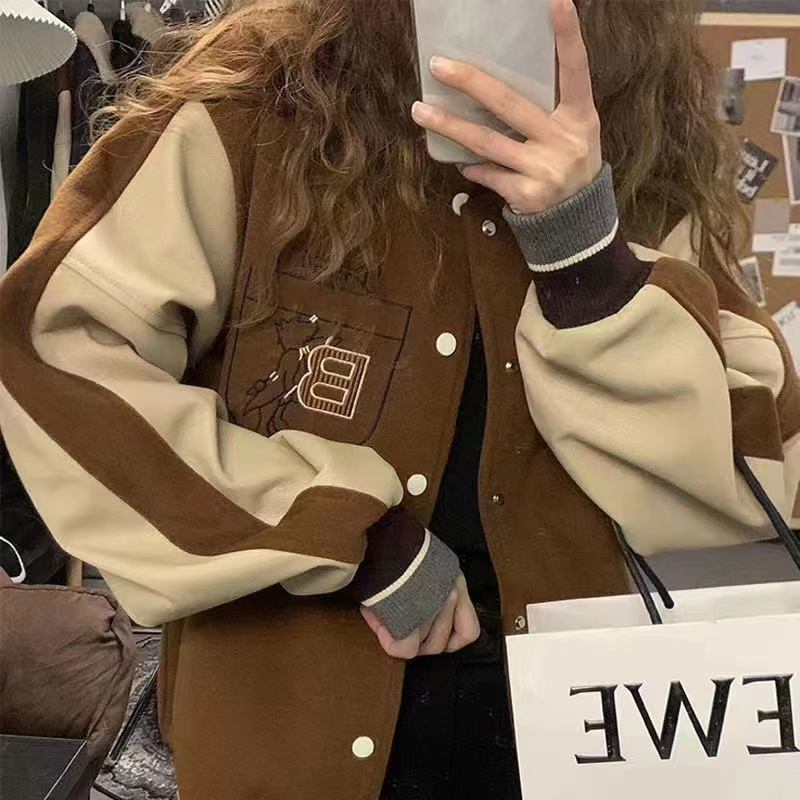 American retro brown baseball uniform female spring and autumn 2023 new loose bf casual all-match jacket coat ins tide