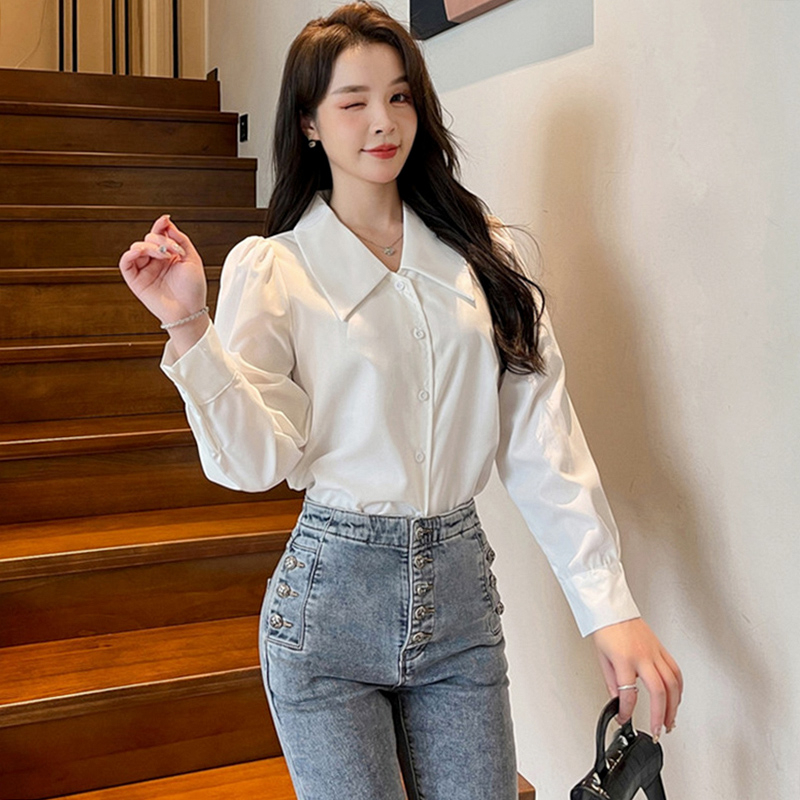 French retro high-end sense simple all-match long-sleeved lapel puff sleeve shirt autumn and winter new top