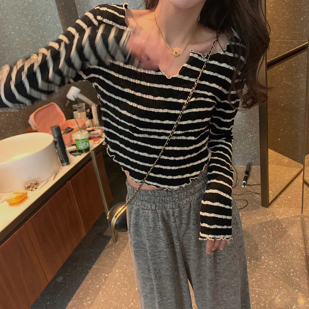 Zhang Beibei ibell new design V-neck long-sleeved T-shirt women's summer striped long-sleeved top