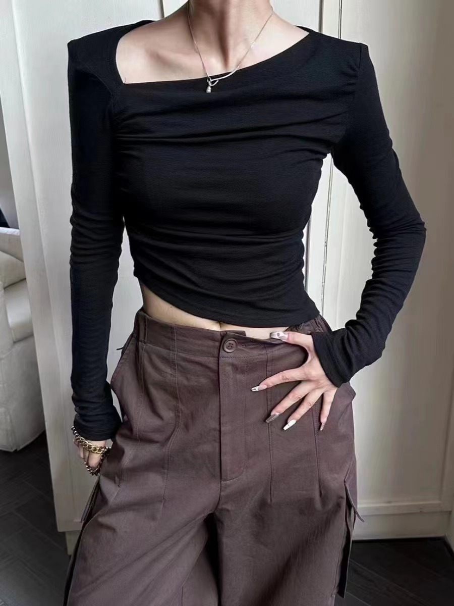 Designed inner wear with irregular long-sleeved T-shirt women's autumn clothing revealing collarbone sexy bottoming shirt Korean style top