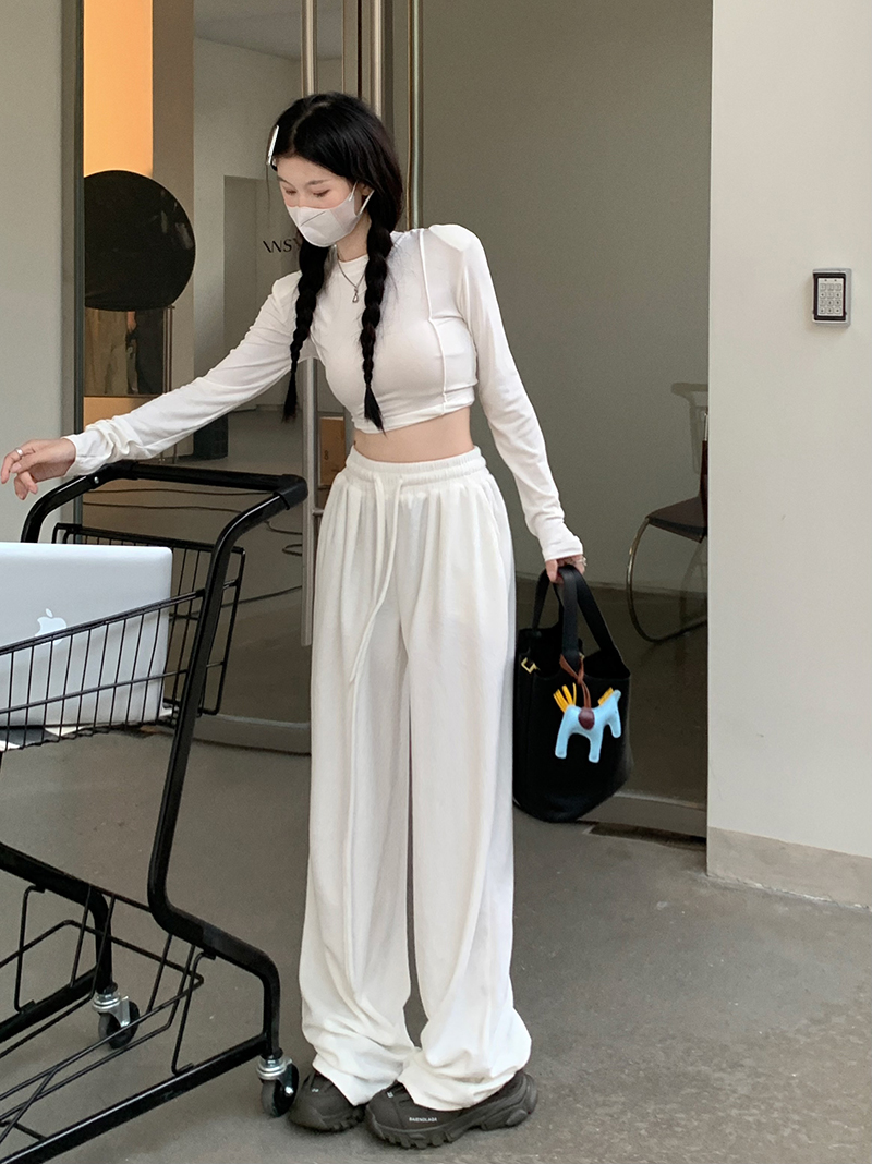 Slim round neck short long-sleeved T-shirt + high waist loose drawstring casual straight-leg pants wide-leg pants