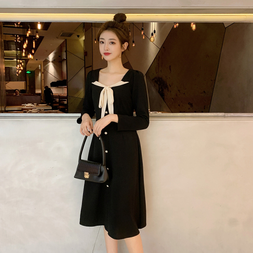 Autumn dress French retro tie bow femininity waist slimming long skirt Hepburn style little black dress