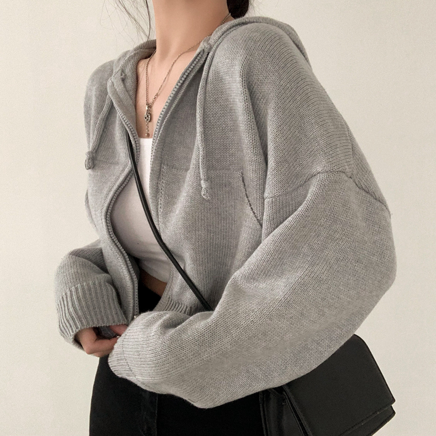 Korean chic all-match hooded sweater jacket long-sleeved heavy-duty pocket knitted cardigan for women