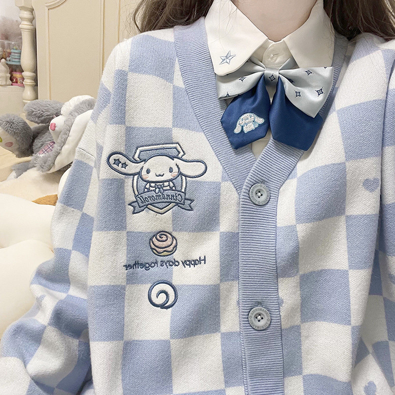 jk uniform checkerboard sweater jacket cardigan women's winter preppy blue sweater