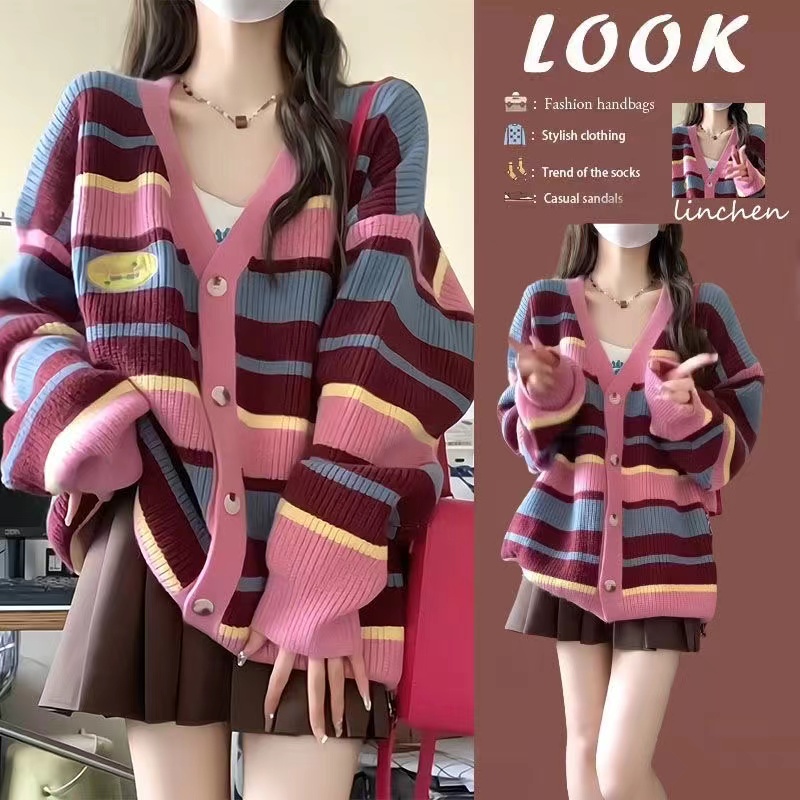 Dopamine Outfit Suit Women's 2023 New Korean Style Sweet Striped Sweater Knitted Cardigan