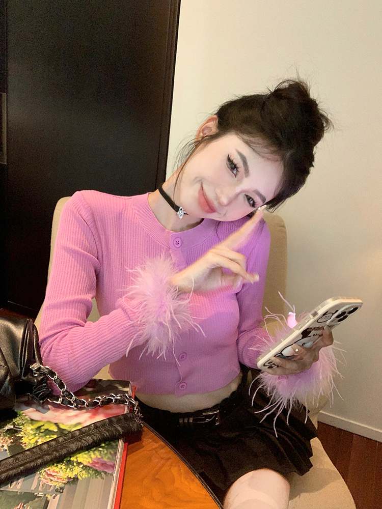 Ostrich Feather Sunscreen Knitted Cardigan Women's 2023 Autumn New Slimming Short Bottoming Top