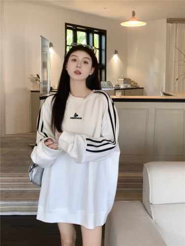 Cotton milk silk + double cap back collar + embroidered letters long-sleeved striped sweater women's early autumn